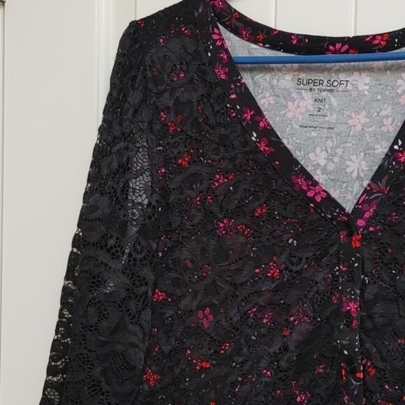TORRID plus size 2 Super soft knit babydoll peasant lace top blouse black - Picture 3 of 9